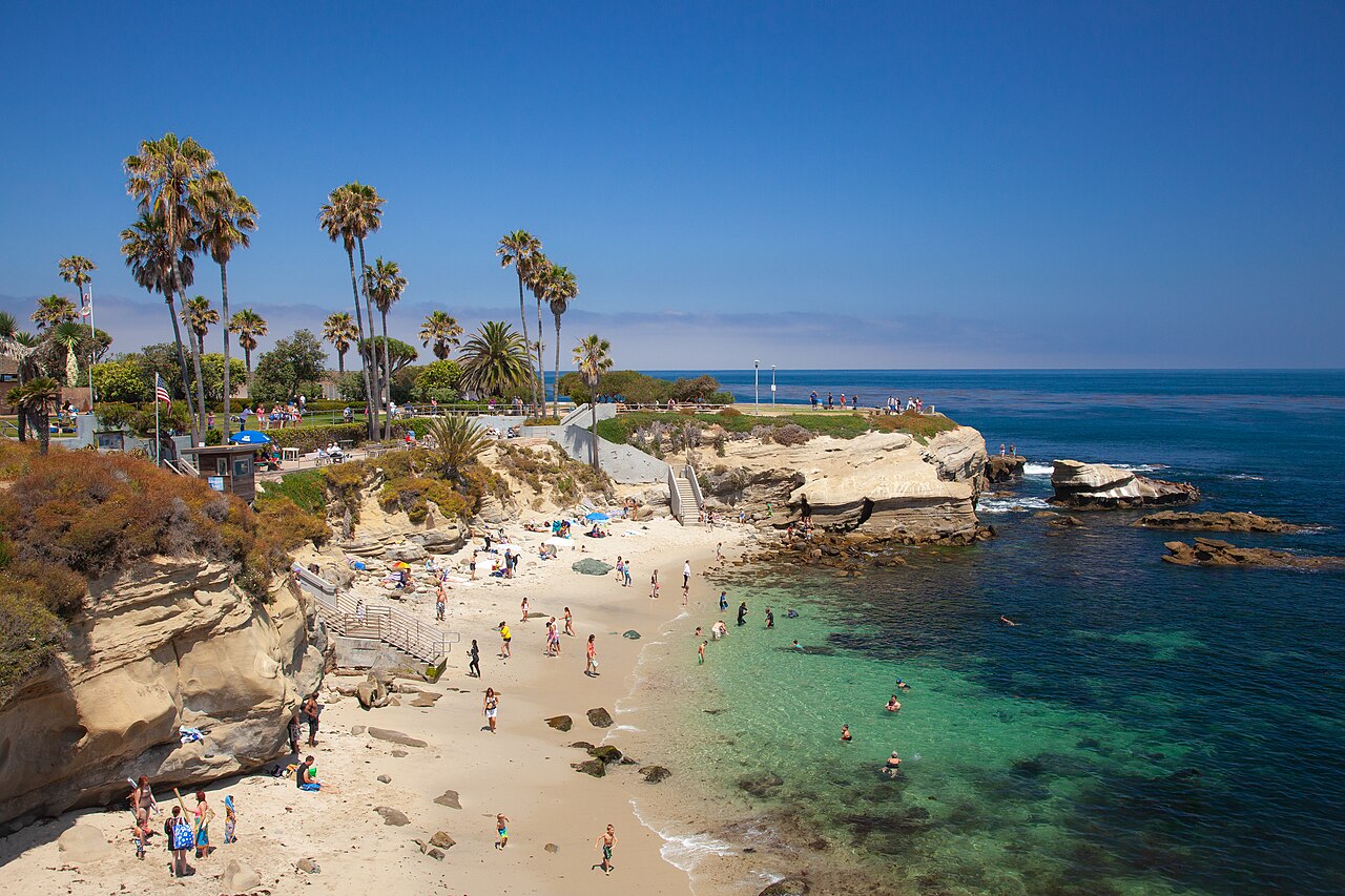 Turquoise water, sandstone cliffs and palms at La Jolla Cove in San Diego